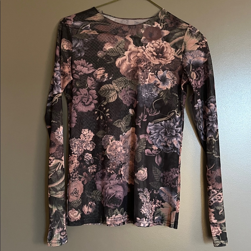 Dark, fall, Floral Long Sleeve sheer Top